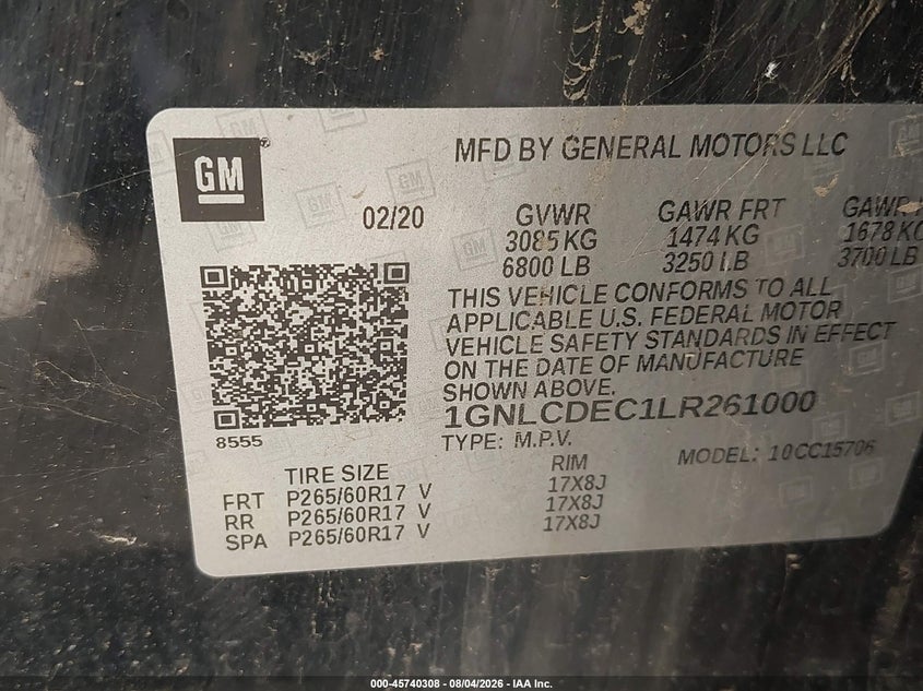 Vin: 1gnlcdec1lr261000, lot: 46239012, chevrolet tahoe 2wd commercial fleet 20204