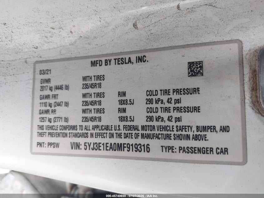 TESLA MODEL 3 2021 VIN 5YJ3E1EA0MF919316
