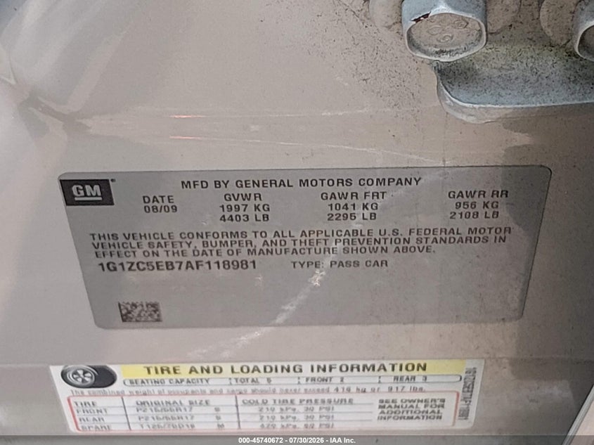 CHEVROLET MALIBU 2010 VIN 1G1ZC5EB7AF118981
