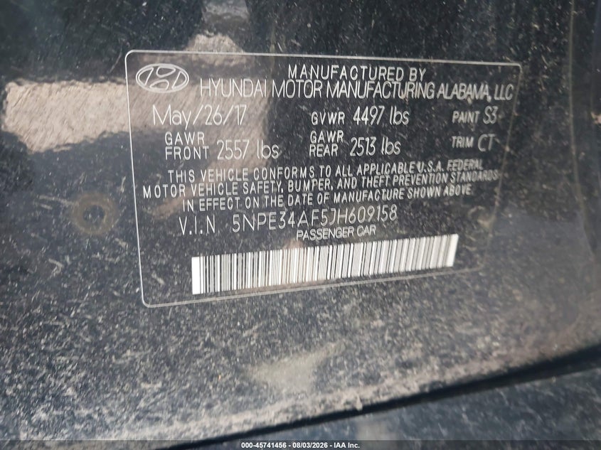 HYUNDAI SONATA 2018 VIN 5NPE34AF5JH609158
