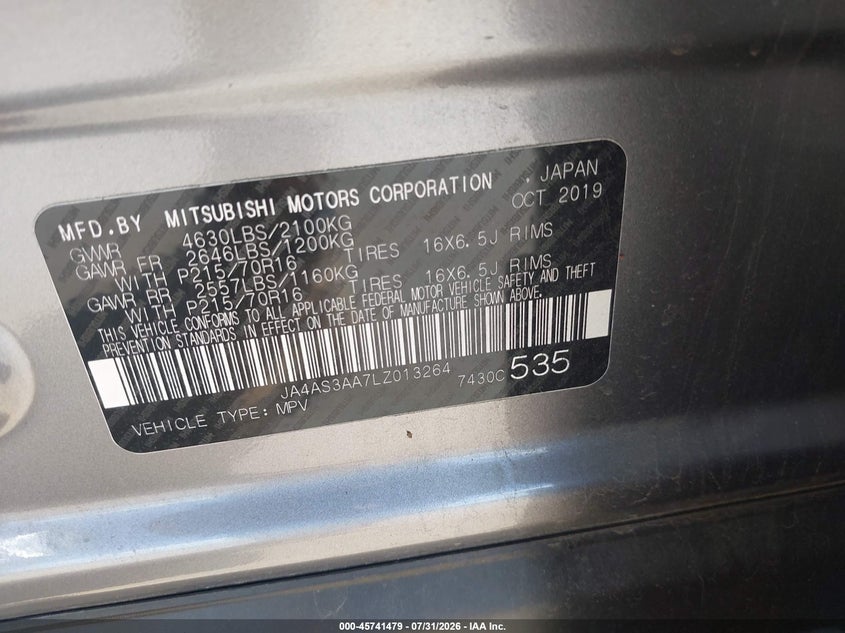 MITSUBISHI ECLIPSE CROSS 2020 VIN JA4AS3AA7LZ013264