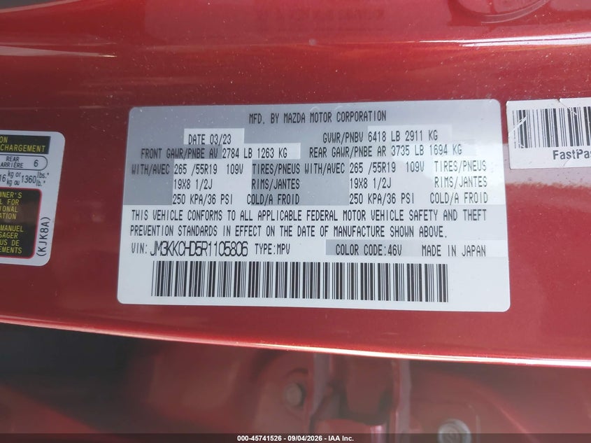 MAZDA CX-90 2024 VIN JM3KKCHD5R1105806