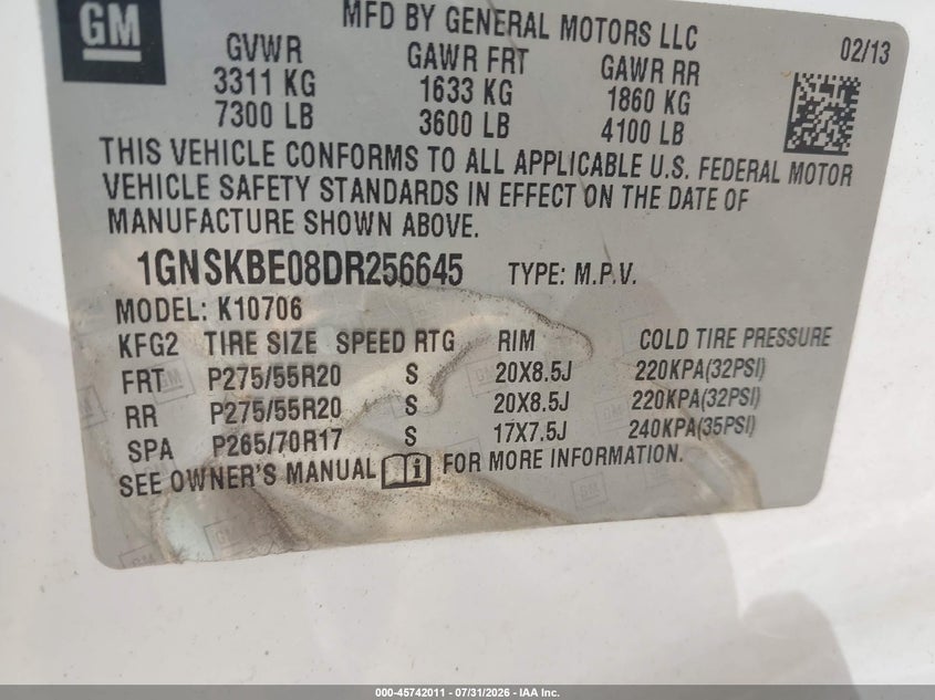 CHEVROLET TAHOE 2013 VIN 1GNSKBE08DR256645