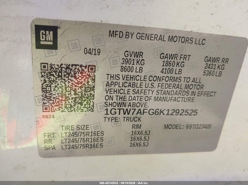 GMC SAVANA 2500 2019 VIN 1GTW7AFG6K1292525