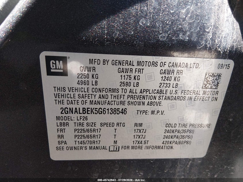 CHEVROLET EQUINOX 2016 VIN 2GNALBEK5G6138546