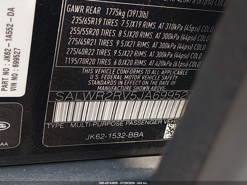 LAND-ROVER RANGE ROVER SPORT 2018 VIN SALWR2RV5JA699527