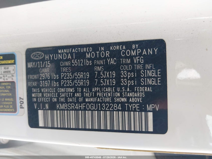 2016 HYUNDAI SANTA FE SPORT UTILITY VEHICLE 3.3L V-6 DI, DOHC, VVT, 290HP