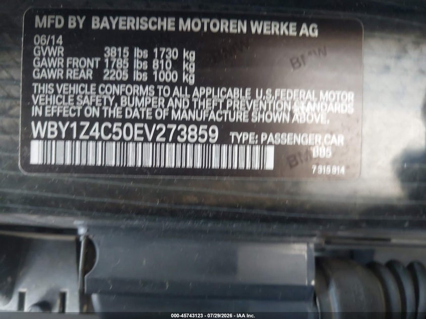 BMW I3 2014 VIN WBY1Z4C50EV273859