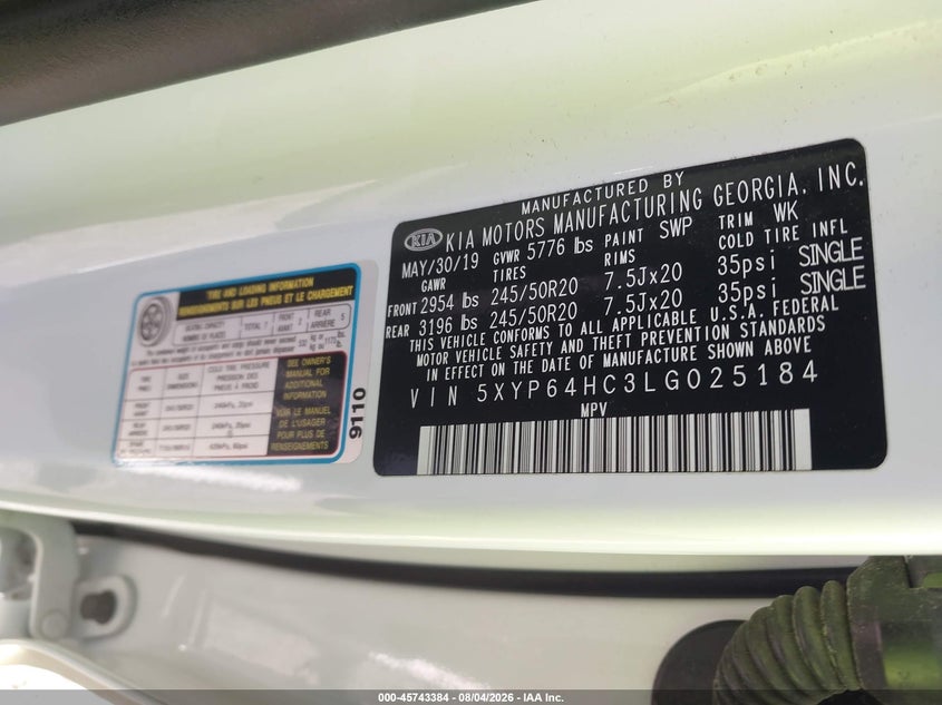 KIA TELLURIDE 2020 VIN 5XYP64HC3LG025184