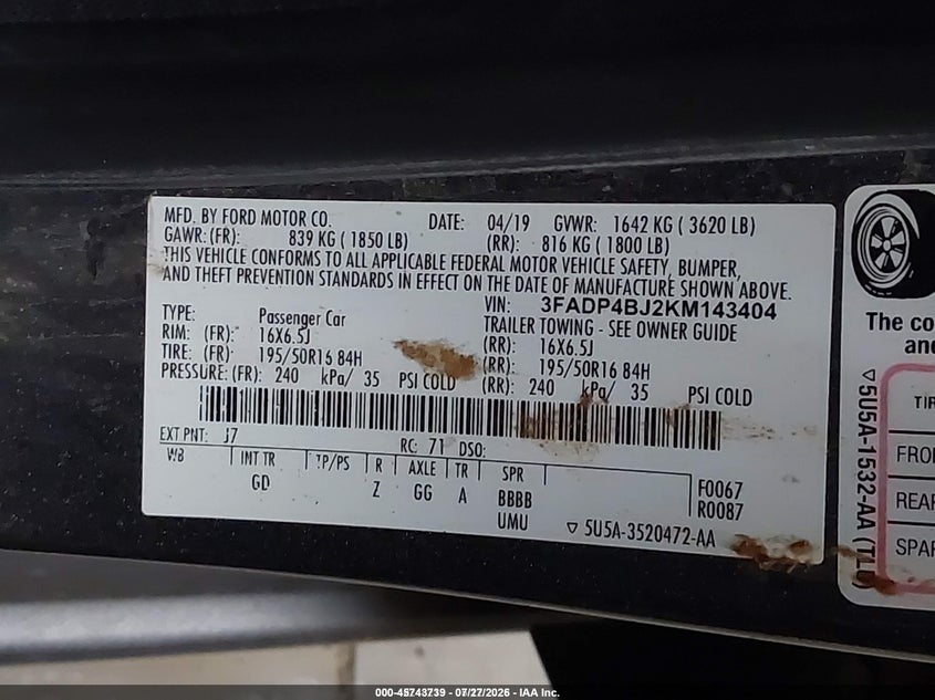 FORD FIESTA 2019 VIN 3FADP4BJ2KM143404