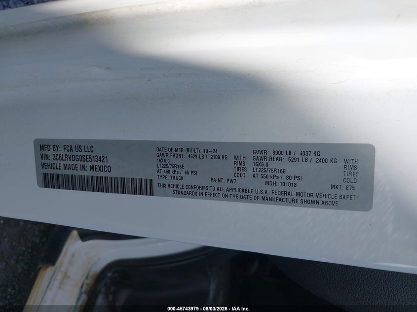 Vin: 3c6lrvdg0se513421, lot: 46242683, ram promaster 2500 tradesman high roof 159 wb w/pass seat 20254