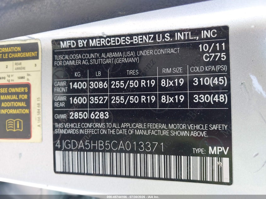 MERCEDES-BENZ ML 350 2012 VIN 4JGDA5HB5CA013371