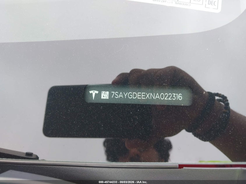 TESLA MODEL Y 2022 VIN 7SAYGDEEXNA022316