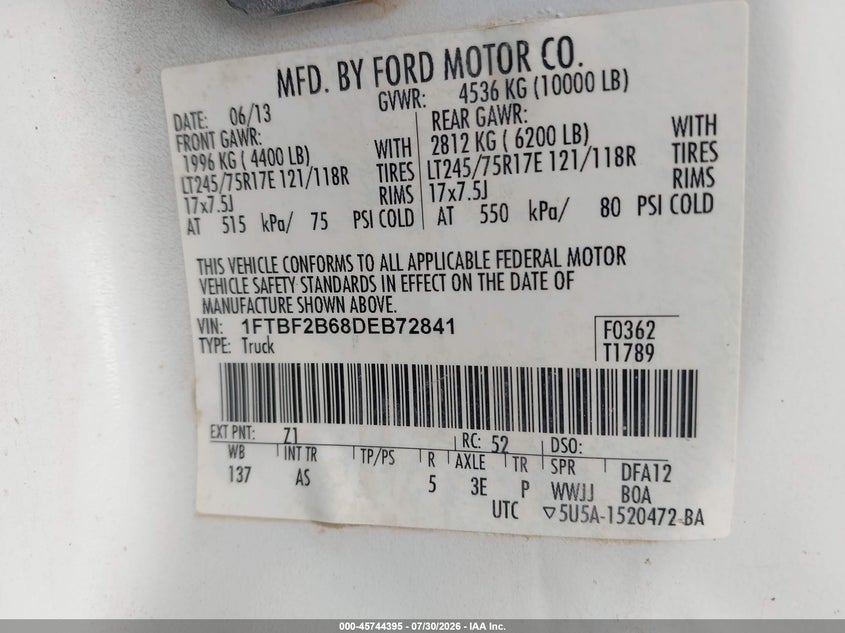 Vin: 1ftbf2b68deb72841, lot: 46243099, ford f-250 xl 20134
