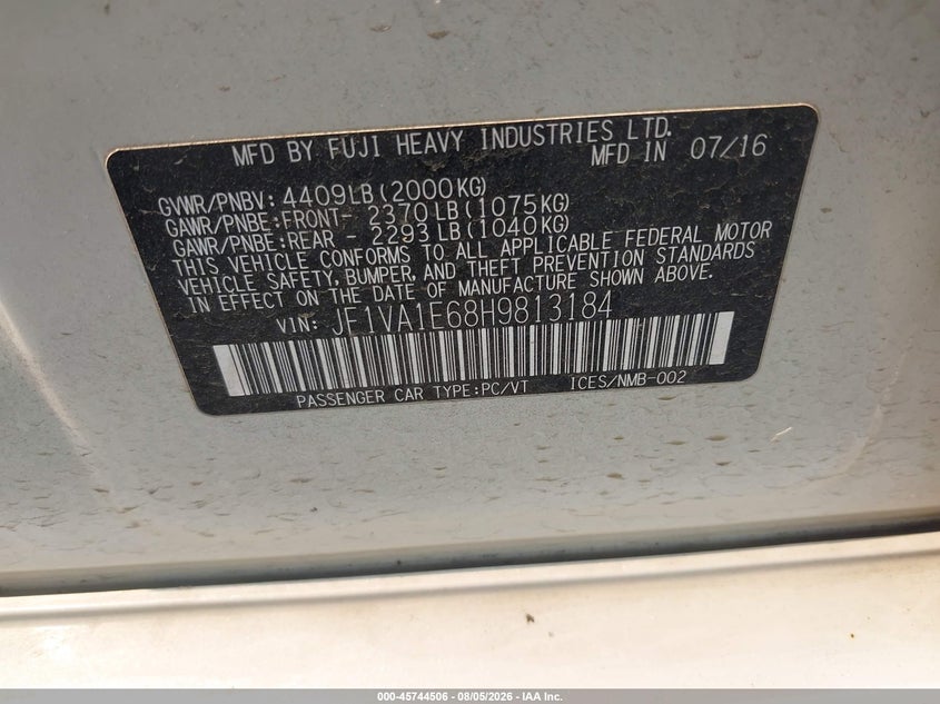 SUBARU WRX 2017 VIN JF1VA1E68H9813184