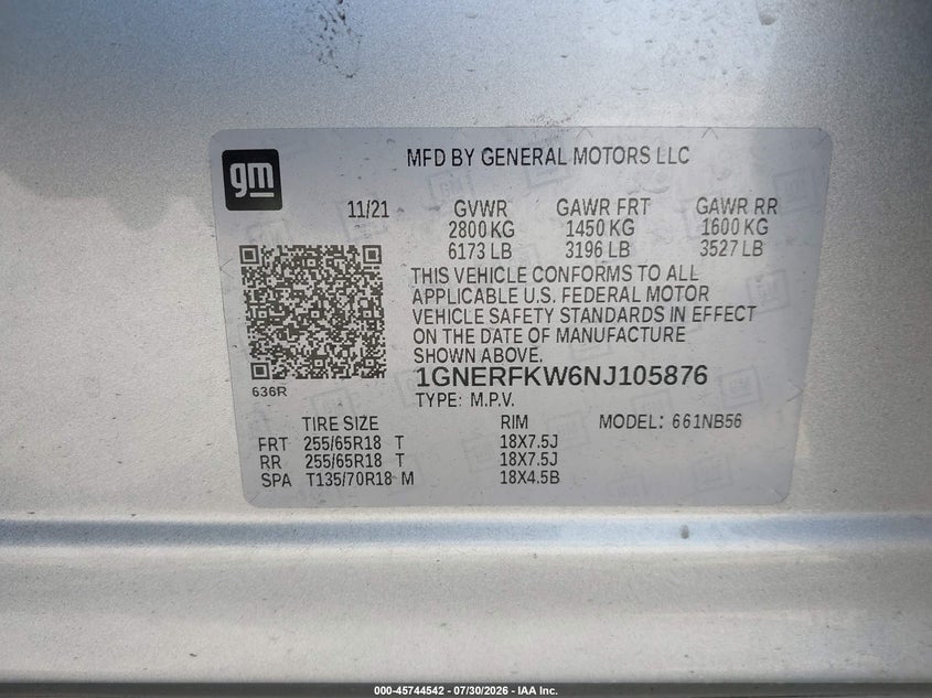 CHEVROLET TRAVERSE 2022 VIN 1GNERFKW6NJ105876