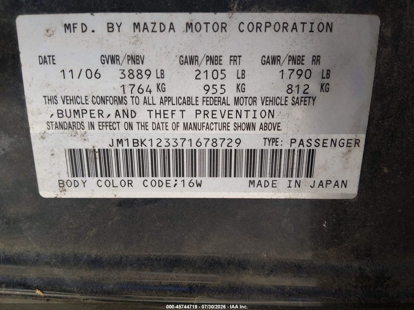 MAZDA MAZDA3 2007 VIN JM1BK123371678729