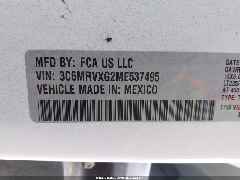 RAM PROMASTER 3500 2021 VIN 3C6MRVXG2ME537495