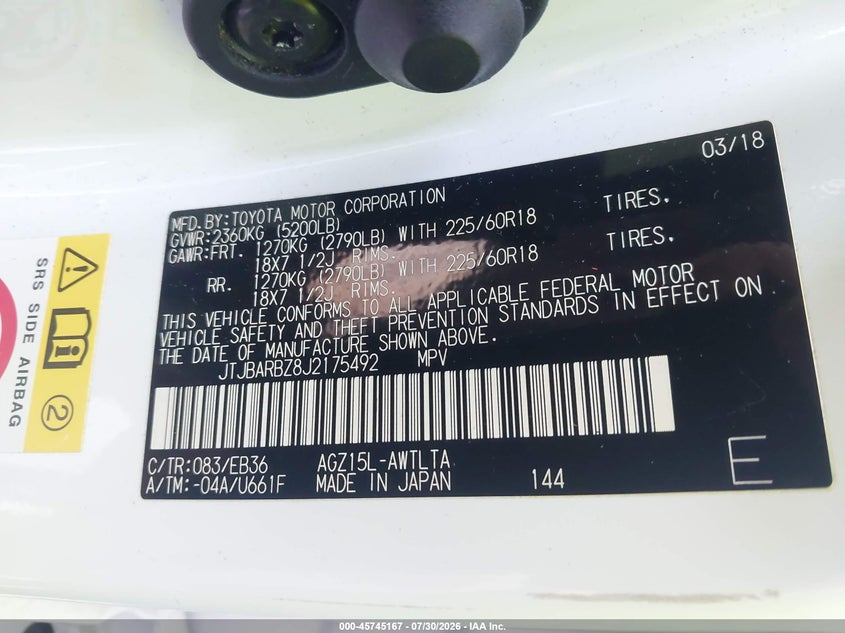 LEXUS NX 300 2018 VIN JTJBARBZ8J2175492