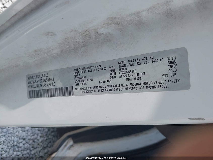 Vin: 3c6lrvdg8se507544, lot: 46243928, ram promaster 2500 tradesman high roof 159 wb w/pass seat 20254
