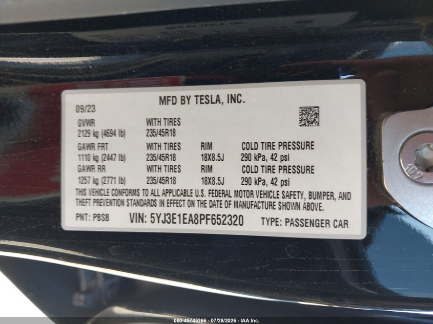 2023 TESLA MODEL 3 SEDAN ELECTRIC