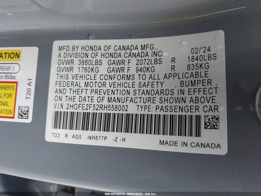 2024 HONDA CIVIC SEDAN 2.0L I-4 DI, DOHC, VVT, 158HP