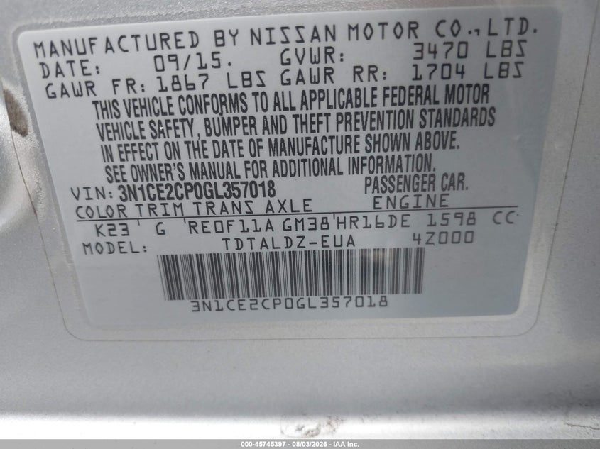 NISSAN VERSA NOTE 2016 VIN 3N1CE2CP0GL357018