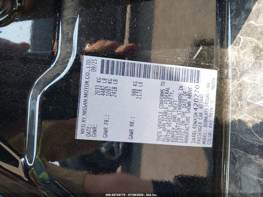 NISSAN ALTIMA 2025 VIN 1N4BL4DWXSN420270