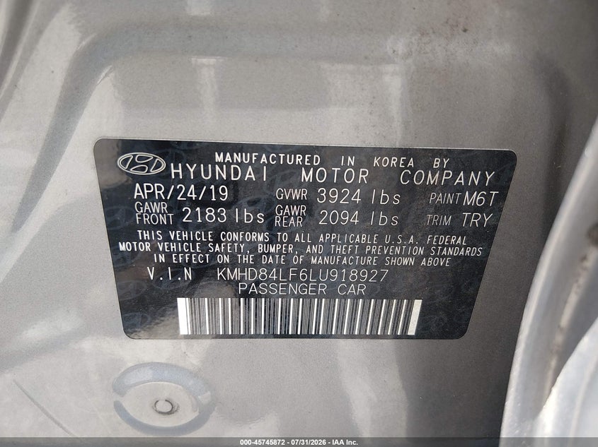 HYUNDAI ELANTRA 2020 VIN KMHD84LF6LU918927