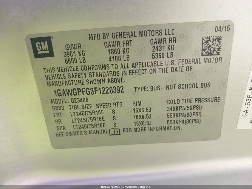 2015 CHEVROLET EXPRESS VAN 6.0L V-8 VVT, 342HP