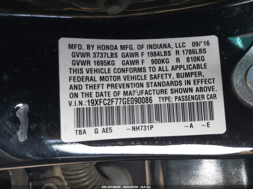 HONDA CIVIC 2016 VIN 19XFC2F77GE090086