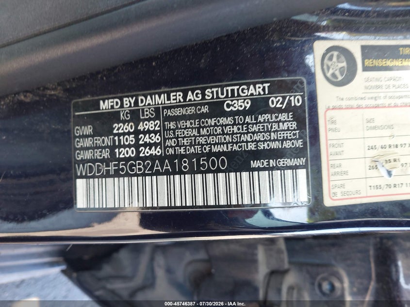 MERCEDES-BENZ E 350 2010 VIN WDDHF5GB2AA181500