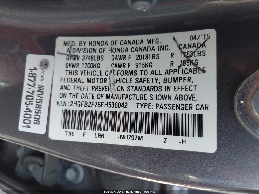2015 HONDA CIVIC SEDAN 1.8L I-4 VVT, REGULAR , 143HP