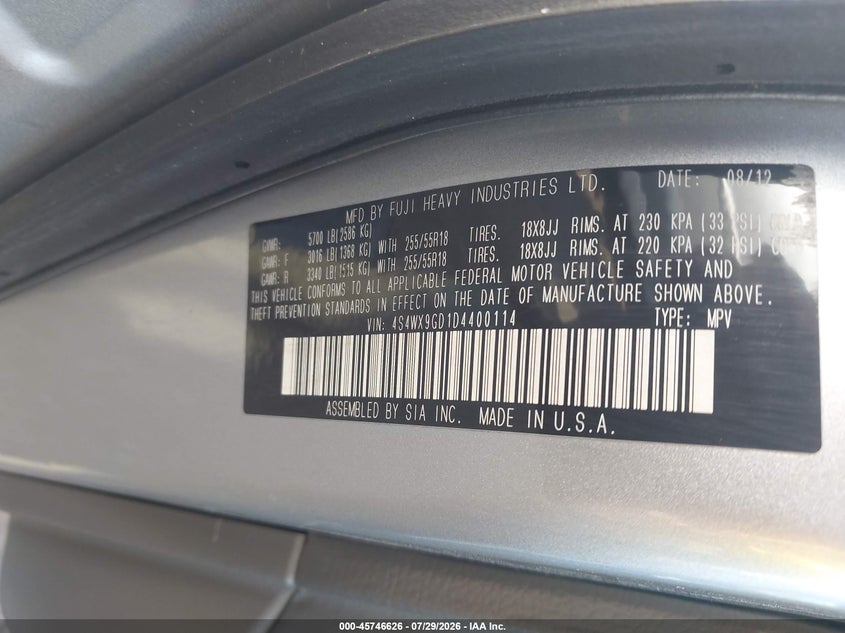 SUBARU TRIBECA 2013 VIN 4S4WX9GD1D4400114