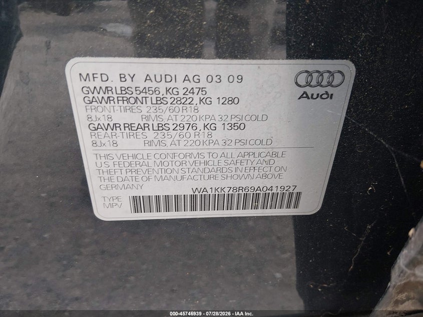 AUDI Q5 2009 VIN WA1KK78R69A041927