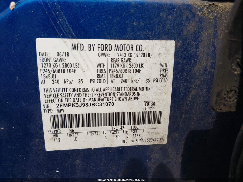 FORD EDGE 2018 VIN 2FMPK3J98JBC31070