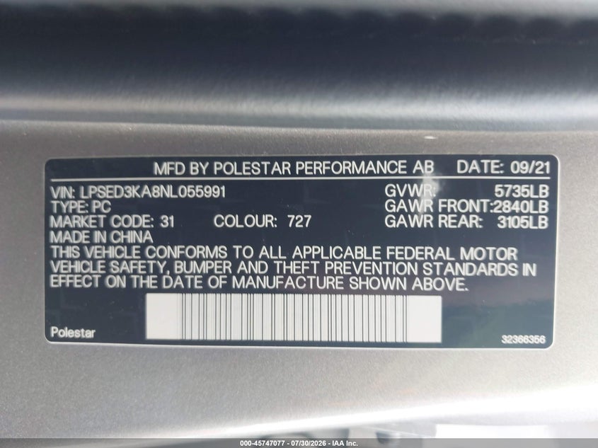 POLESTAR 2 2022 VIN LPSED3KA8NL055991