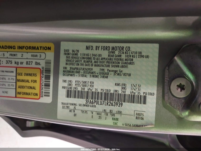 2020 FORD FUSION SEDAN 2.0L I-4 DOHC, VVT, 141HP