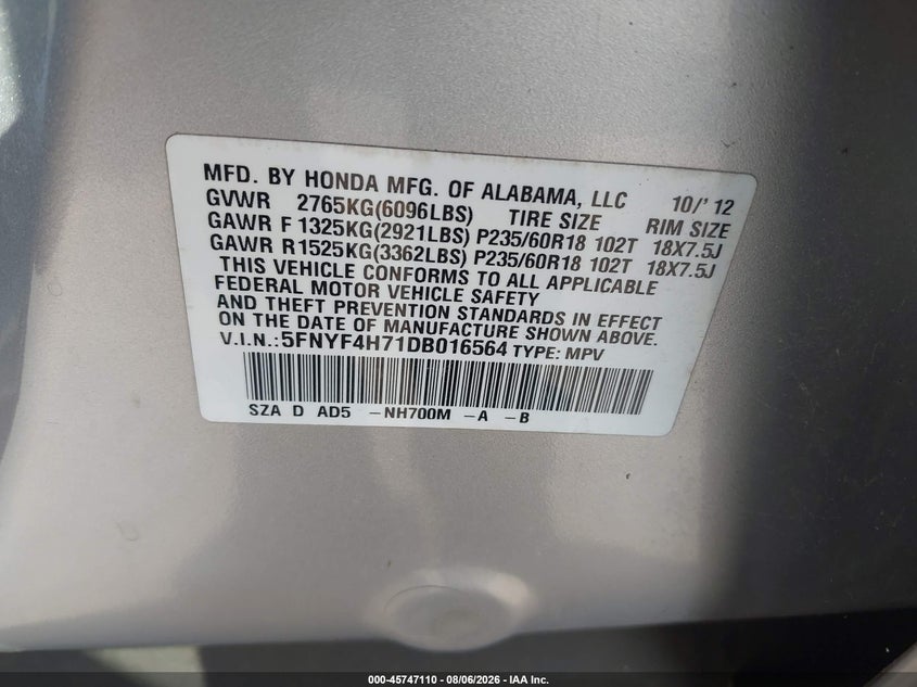 HONDA PILOT 2013 VIN 5FNYF4H71DB016564