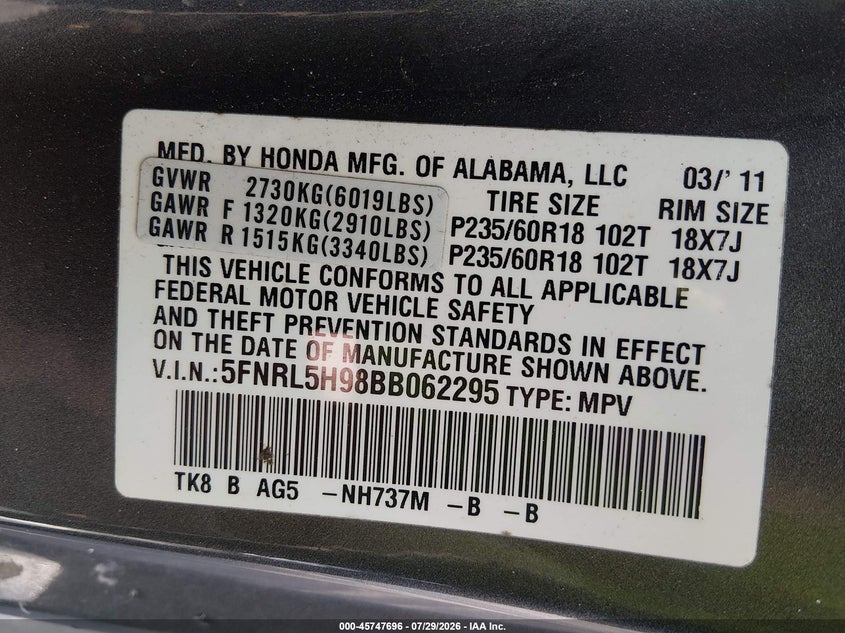 HONDA ODYSSEY 2011 VIN 5FNRL5H98BB062295
