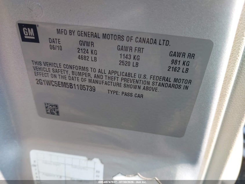 CHEVROLET IMPALA 2011 VIN 2G1WC5EM5B1105739