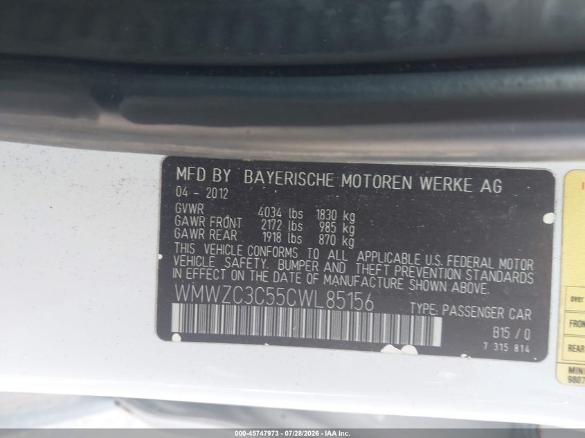 MINI COOPER S COUNTRYMAN 2012 VIN WMWZC3C55CWL85156