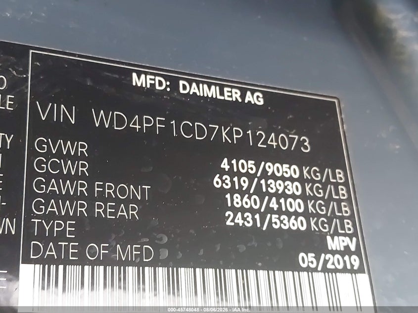 MERCEDES-BENZ SPRINTER 2500 2019 VIN WD4PF1CD7KP124073