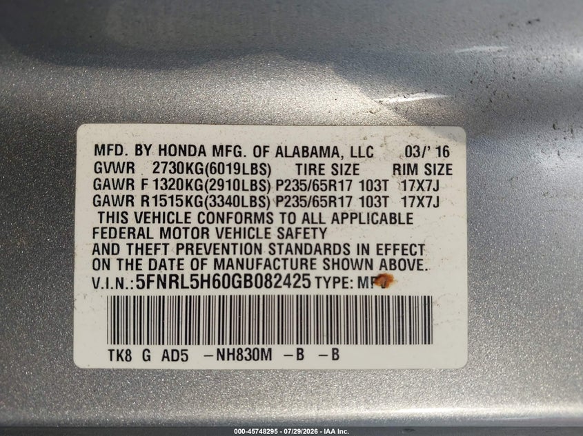 HONDA ODYSSEY 2016 VIN 5FNRL5H60GB082425