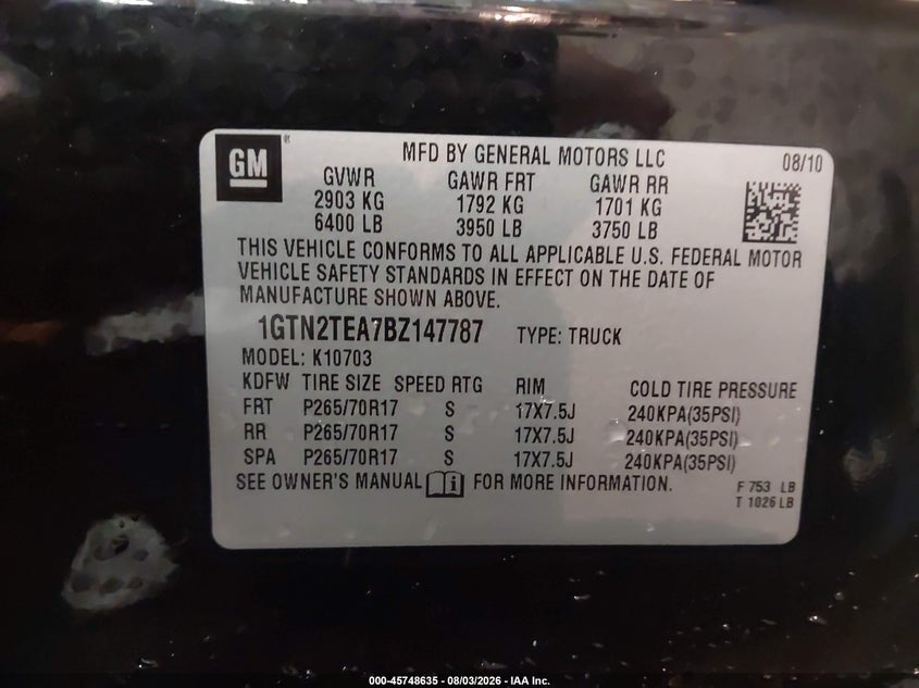 GMC SIERRA 1500 2011 VIN 1GTN2TEA7BZ147787