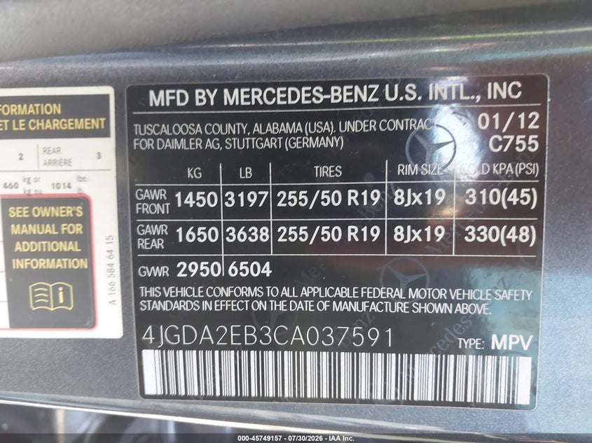 MERCEDES-BENZ ML 350 BLUETEC 2012 VIN 4JGDA2EB3CA037591