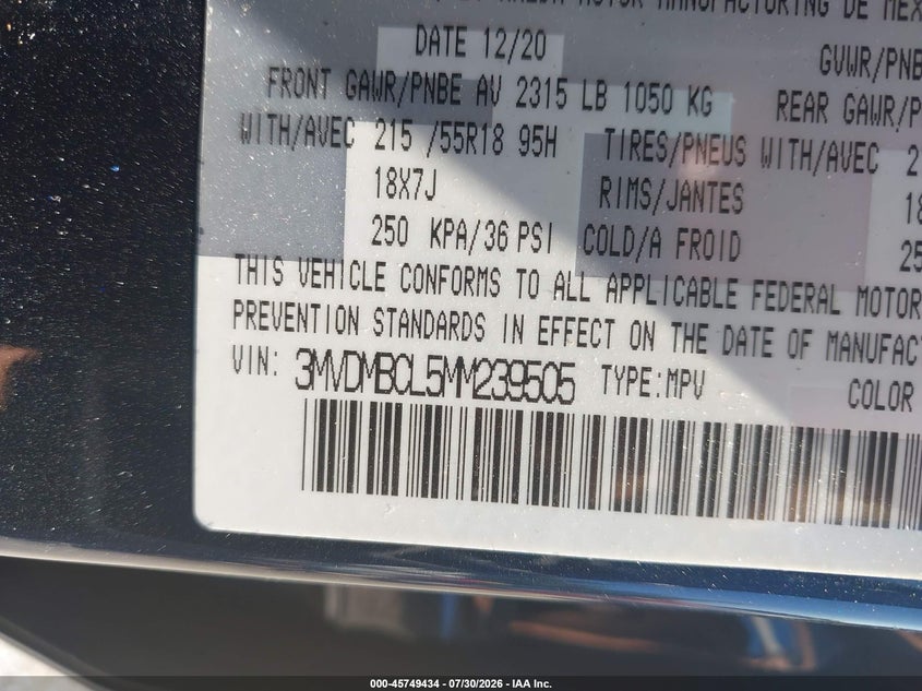 Vin: 3mvdmbcl5mm239505, lot: 46248156, mazda cx-30 preferred 20213