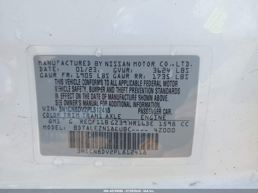 NISSAN VERSA 2023 VIN 3N1CN8DV2PL812418