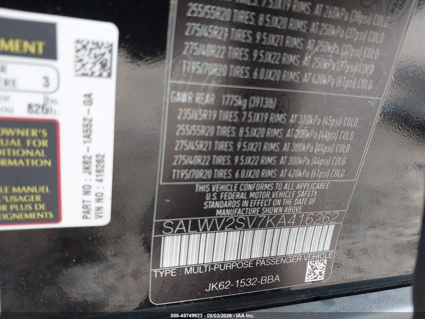 LAND-ROVER RANGE ROVER SPORT 2019 VIN SALWV2SV7KA416262