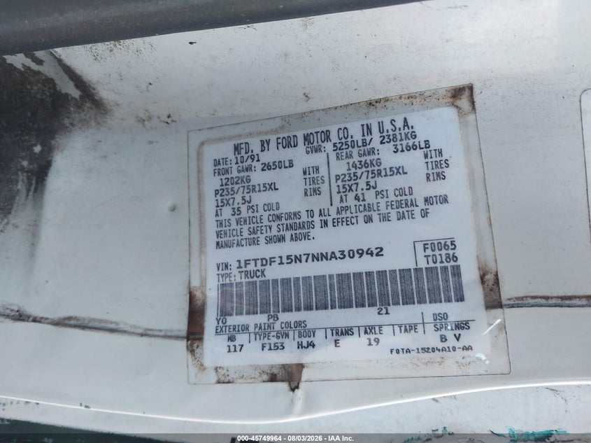 FORD F150 1992 VIN 1FTDF15N7NNA30942